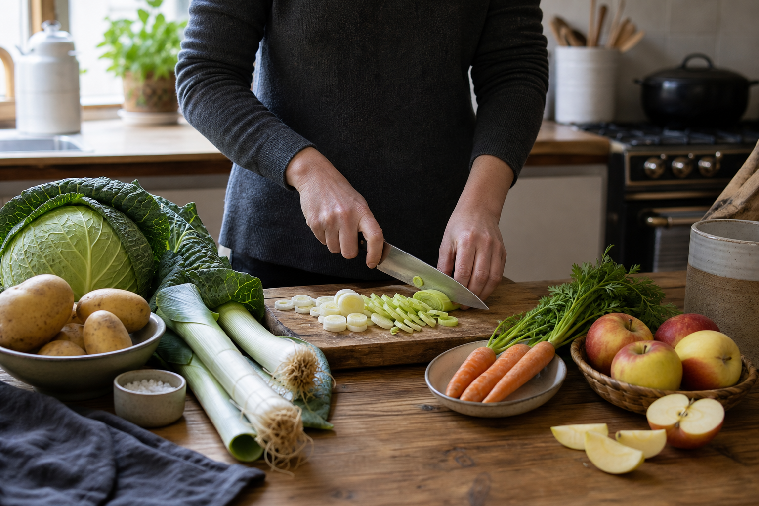 Thuiskok snijdt prei tussen aardappelen, kool, wortels en appels op een houten tafel